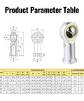 Product Parameter Table for Two Piece Heavy Duty Rod End Bearing Set With 1/2 Inch Bore dimensions and load ratings.