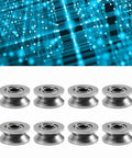 Double Sealed Carbon Steel V Groove Bearing And Pulley Wheel 4X13X6MM set of eight on a digital background