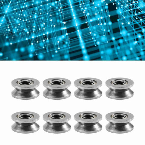 Double Sealed Carbon Steel V Groove Bearing And Pulley Wheel 4X13X6MM set of eight on a digital background