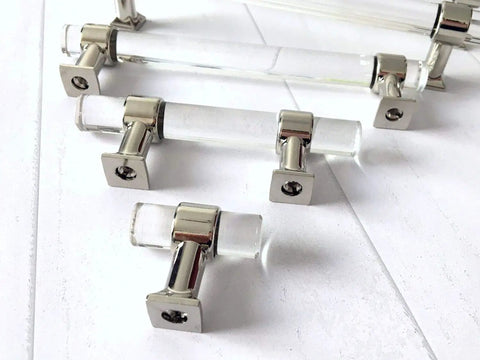 Sleek Lucite Acrylic Cabinet Pulls In Clear Chrome Finish, 4.75 Inch Center-To-Center, displayed on white surface