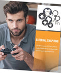 Man holding game controller next to image of 200 Piece Retaining Ring And Washer Kit For Mechanical Projects And Electronics Durable Rust Resistant Circlips And Open Rings Easy Install Hardware For Game Consoles Machinery And DIY Repairs.