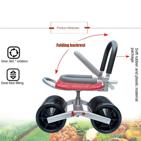 Red Rolling Garden Bench Seat With Wheels, foldable stool, swivel seat, steerable with height and backrest adjustments.