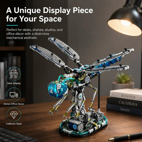 Dragonfly Mechanical Building Blocks Kit With 866 Pieces, Insect Mech Model With Dope Movable Wings, Display Stand, STEM Build Project For Adults, Home Office Decor And Gift Idea on desk