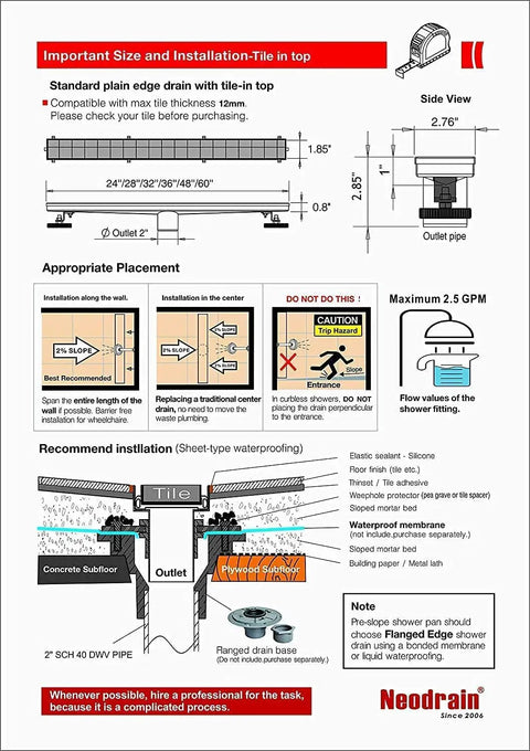 Installation guide for Gold 28 Inch Linear Shower Drain With 2 In 1 Flat And Tile Insert Cover Stainless Steel Brushed Brass