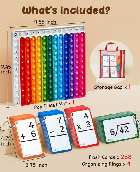 Math Flash Cards Set for Kids 4-8, 288 Double-Sided Cards with Chart, pop fidget mat, storage bag, organizing rings displayed