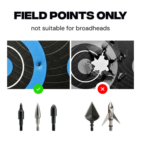 Field points comparison on reusable self healing rubber archery target face roll up practice target sheet with bright bullseyes.