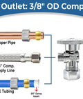 TTFLEX angle stop valve 1/2 in nominal compression inlet to 3/8 in compression outlet, copper pipe and PEX tubing shown.