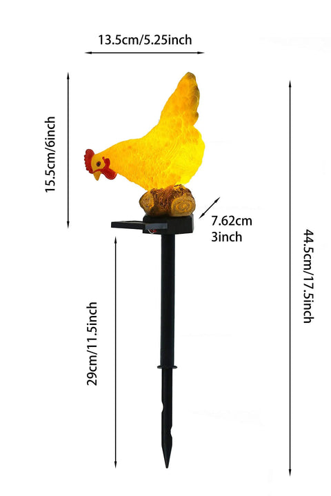 Outdoor Chicken Solar Lights Resin Garden Decor For Patio And Yard Cute Chicken Lamps with dimensions and stake