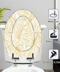 Elongated Vintage luxury seamless floral golden monstera leaves Toilet Seat with metal links, easy installation, and durable design.