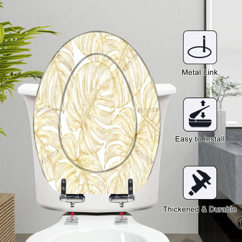 Elongated Vintage luxury seamless floral golden monstera leaves Toilet Seat with metal links, easy installation, and durable design.