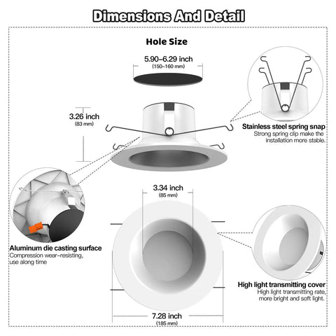 Smart 4 Inch Recessed LED Downlight Kit 6 Pack With Bluetooth Mesh For Ceiling RGB CCT showing dimensions and material details