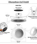 Diagram of Smart 3 Inch Recessed LED Downlights 12 Pack With RGBCW Multicolor And Tunable White 2700K To 6500K Dimmable WiFi Bluetooth Alexa And Google Home Compatible Remote Control Included showing dimensions and materials