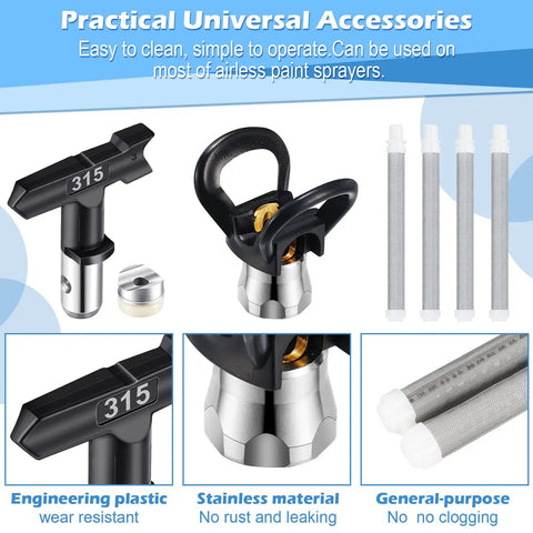 Heavy Duty Airless Paint Sprayer Gun Setup With Sturdy Nozzle Guard And Two Reversible Tips In 517 And 315 Sizes Plus Four Filter Screens showing nozzle and filters
