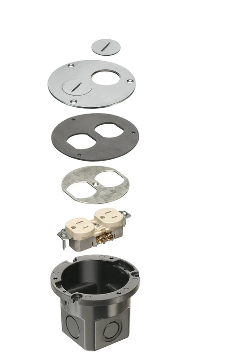 Flush Round Floor Box Kit For Wood Or Concrete Floors With Brass Or Nickel Plated Covers, Two 15A Outlets, Easy Install