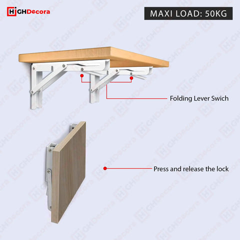 Heavy Duty Folding Shelf Brackets Set 2 Piece Metal Wall Mounted Triangle Supports Fold Down Design White 10 Inch folded view