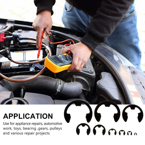 Automotive repair using 328 Piece External Snap Ring Kit In Black Manganese Steel with retaining ring samples visible