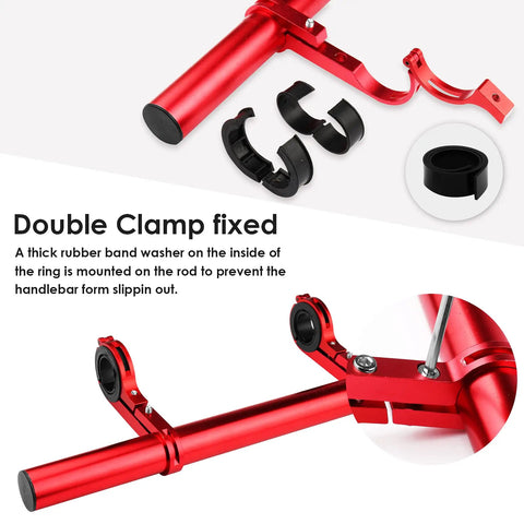 Double clamp fix on Extra Long 11.8 Inch Bicycle Handlebar Extender Aluminum Alloy Bracket for mounting accessories, Crimson finish