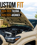 Heavy Duty Gas Hood Struts For Slick One Hand Lift Replacing Factory Prop Rod Rapid Under Hood Access For Toyota Tacoma 2024 To 2026 And 4Runner Models. Custom fit hood open.