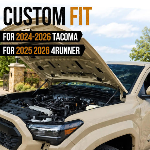 Heavy Duty Gas Hood Struts For Slick One Hand Lift Replacing Factory Prop Rod Rapid Under Hood Access For Toyota Tacoma 2024 To 2026 And 4Runner Models. Custom fit hood open.
