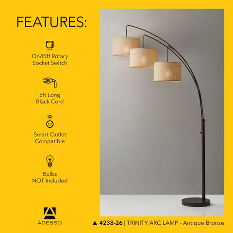 Arc Floor Lamp With Three Movable Beige Burlap Shades And Dimmable Brightness, Antique Bronze Finish, standing on floor