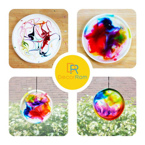DecorRom epoxy resin pigment set; four round color swatches with vibrant swirls for resin art and crafts