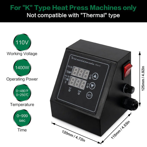 1400W Heat Press Powerhouse With K Type Temperature Controller And LED Time Display, showing control unit dimensions and specs