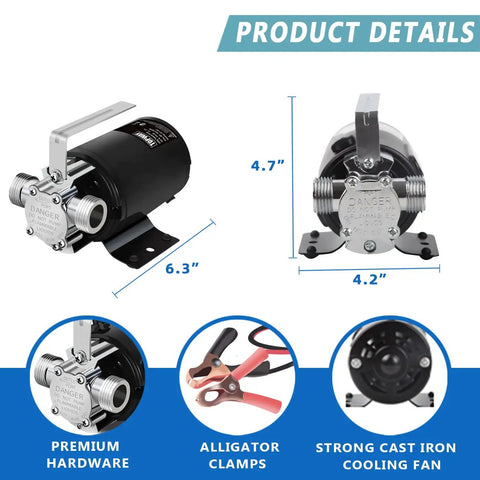 Product details of Portable 12V DC Water Transfer Pump, 330 GPH Sump Utility Pump with Hose Kit, 0.1 HP, features and hardware.