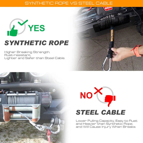Comparison of one half inch 100 foot synthetic winch rope kit with protective sleeve vs steel cable for 4x4 off road SUVs and trucks.