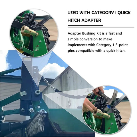 Two Pair Cat 1 Quick Hitch Adapter Bushing Set For Category 1 3 Point Tractors Fits John Deere Speeco Jeffers And More Bolt On Ready Durable Steel With Rust Resistant Zinc Coating. Cat 1 steel bushing kit on tractor quick hitch, close-up install