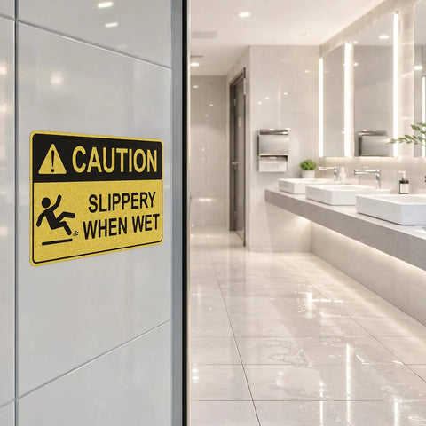 Caution Wet Floor Sign Set 10 X 7 Inch Two Pack Vinyl Sticker With High Visibility Reflective Waterproof Finish, Fade-Resistant Slippery When Wet Warning Decal For Commercial Kitchens, Offices, Warehouses And Restaurants on restroom wall