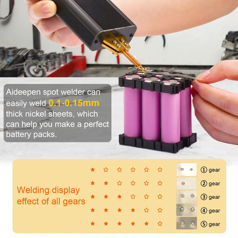 Portable Spot Welder Machine With Five Gear Adjustable Settings in use on battery pack with welding effects chart