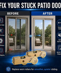 Before and after image showing Zero Hassle Sliding Door Roller Assembly Replacement Kit Featuring Dead Smooth Ball Bearing Steel Wheels.
