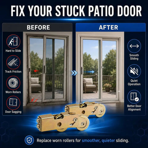 Before and after image showing Zero Hassle Sliding Door Roller Assembly Replacement Kit Featuring Dead Smooth Ball Bearing Steel Wheels.