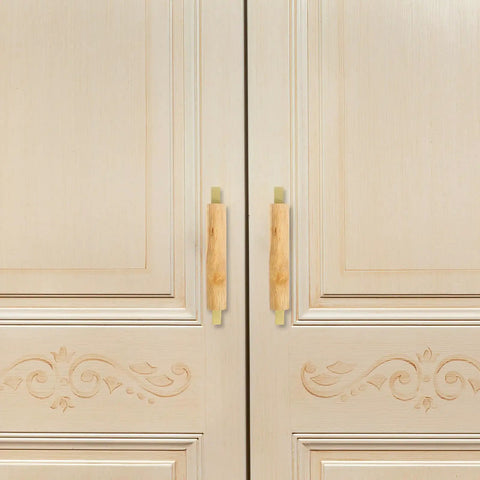 Sleek Dope Solid Wood Cabinet Pull Handle Set For Cabinets, 96mm Aluminum Wood Bar Pull With Gold Finish on ornate doors.
