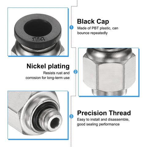 Detailed view of 10 Pack Push To Connect Fittings One Quarter Inch Tube OD With Ten Thirty Two UNF Male Straight Union Copper Quick Connect