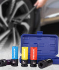 Non-Marring 1/2-Inch Drive Lug Nut Socket Set, 5-Piece With 15mm, 17mm, 19mm, 21mm, And 22mm displayed in open case