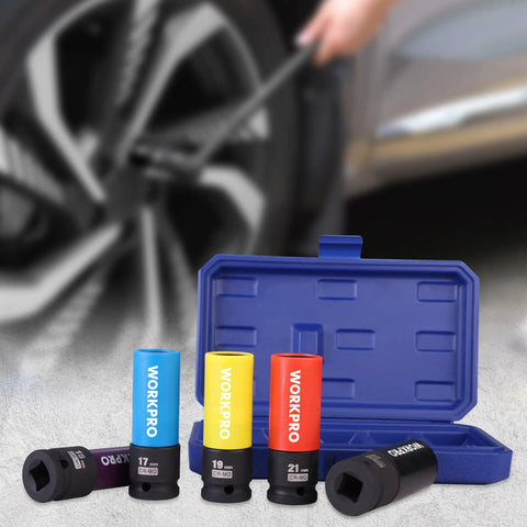 Non-Marring 1/2-Inch Drive Lug Nut Socket Set, 5-Piece With 15mm, 17mm, 19mm, 21mm, And 22mm displayed in open case