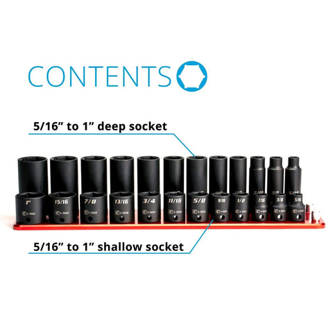Three Eighth Inch Drive Shallow And Deep Impact Socket Set displaying 5/16 to 1 inch sockets on billet aluminum rail