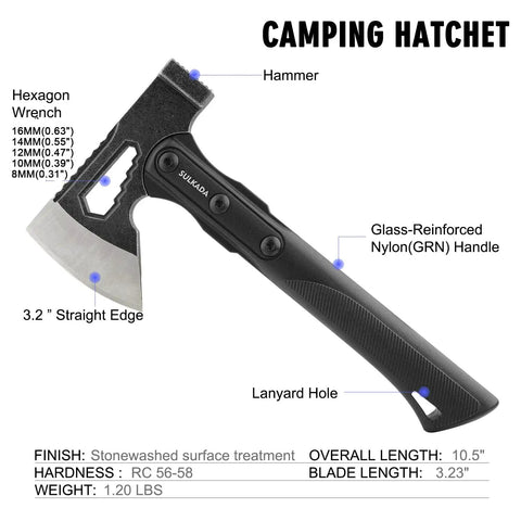 Camping Hatchet For Real Wood Chopping And Outdoor Survival With 10 Point Five Inch Stainless Steel Blade and Nylon Handle