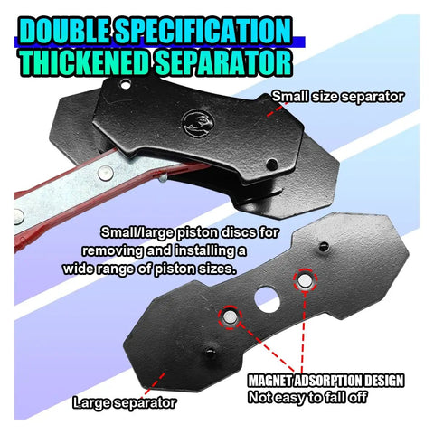 DIY Friendly Pro Grade Brake Caliper Press Tool For Auto Repair with 360 Degree Swing Ratchet Expander, showing two steel plates.