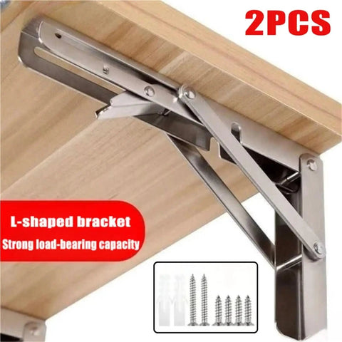 Heavy Duty Stainless Steel Folding Shelf Brackets Set mounted under wooden shelf with screws visible, strong load-bearing capacity