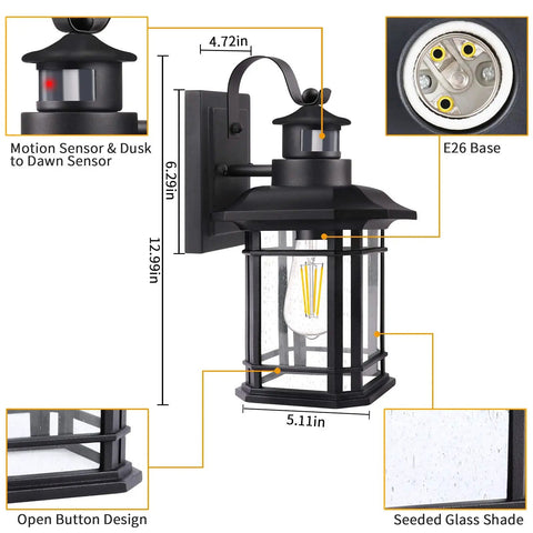 Motion Sensor Outdoor Wall Lights With Dusk To Dawn Sensor, Matte Black Exterior Lanterns, Seeded Glass Sconces, E26 Socket