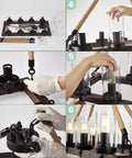 Assembly guide for Farmhouse Iron Chandelier With Faux Wood Finish 8 Socket Rectangular Pendant Light installation steps.