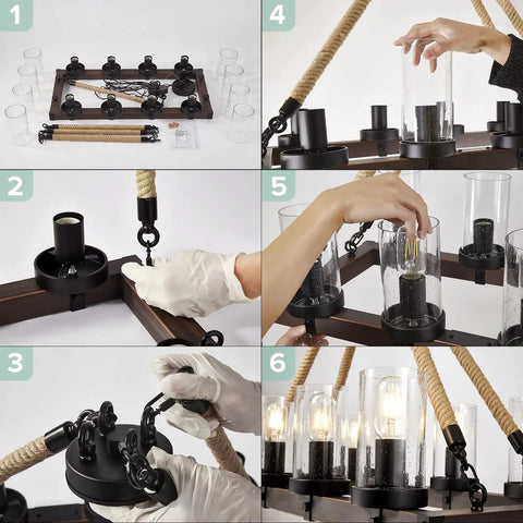 Assembly guide for Farmhouse Iron Chandelier With Faux Wood Finish 8 Socket Rectangular Pendant Light installation steps.