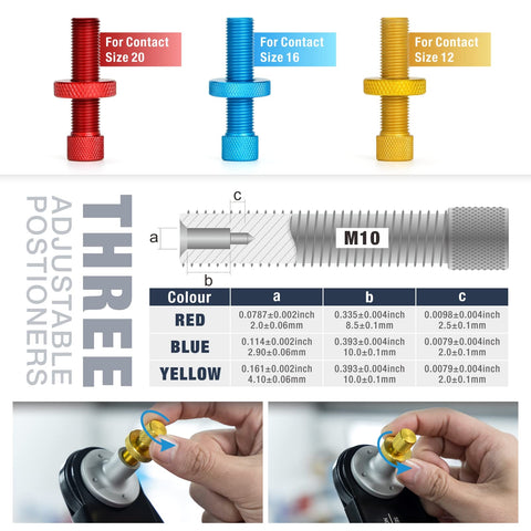 Pro Grade Deutsch Solid Contacts Crimping Tool AWG 26-12 Size 12 16 20 with adjustable positioners and dimensions table