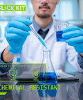 SLICK KIT disposable nitrile gloves, blue, medium; latex-free, powder-free; lab scene with pipette and beaker, pack of 100