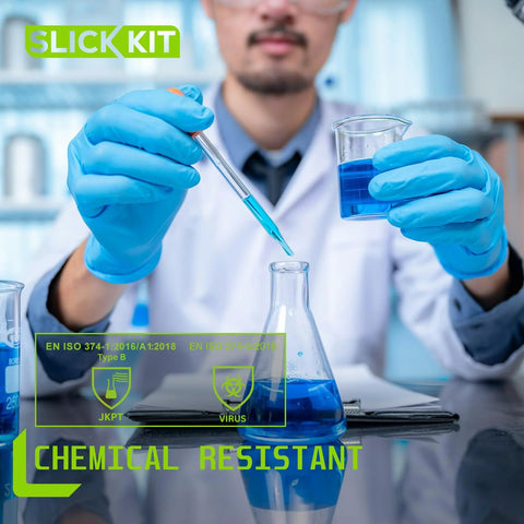SLICK KIT disposable nitrile gloves, blue, medium; latex-free, powder-free; lab scene with pipette and beaker, pack of 100