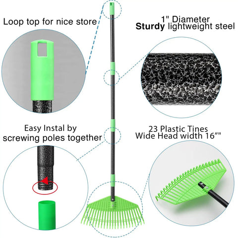 Heavy Duty Plastic Leaf Rake With 23 Tines, 16 Inch Wide Lawn Rake For Leaves And Grass, Thatch Garden Rake With Long Handle