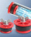 Front view of red two-pack mechanical end-of-pipe gripper plugs with black gaskets and silver wing bolts.