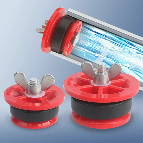 Front view of red two-pack mechanical end-of-pipe gripper plugs with black gaskets and silver wing bolts.